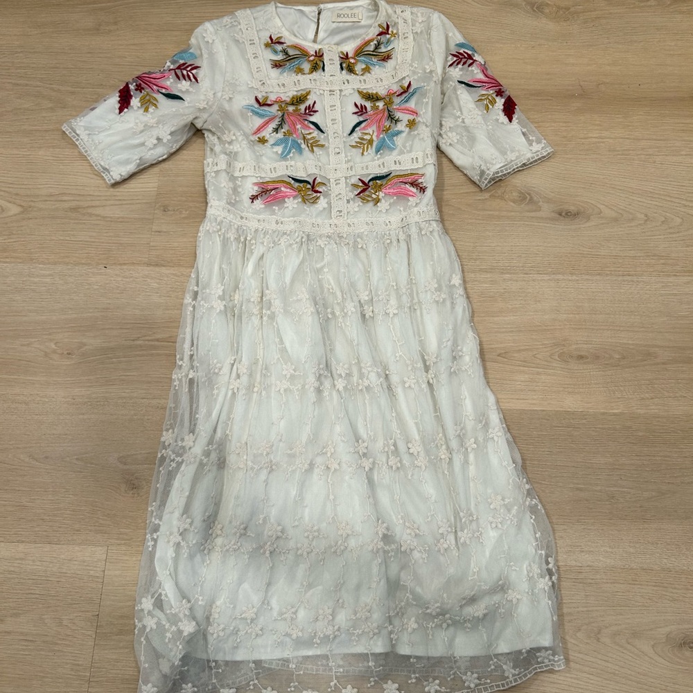 Roolee white lace embroidered floral midi dress